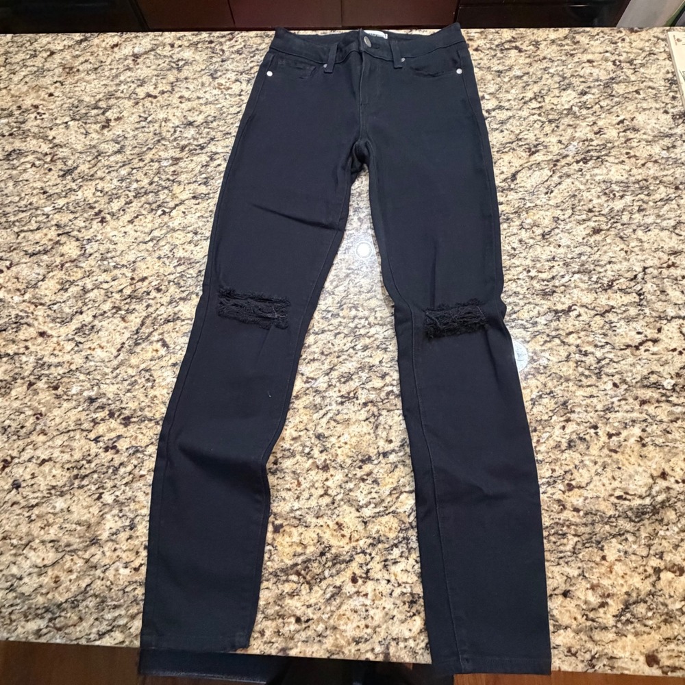 Paige Verdugo Ankle Skinny Jeans Black Distressed Ripped Knee Size 25 ws